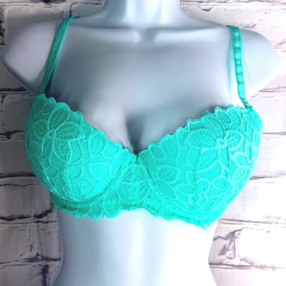 Victoria's Secret PINK Bra 32DD Teal Lace Push Up Underwire Floral Padded Charm - Picture 9 of 9